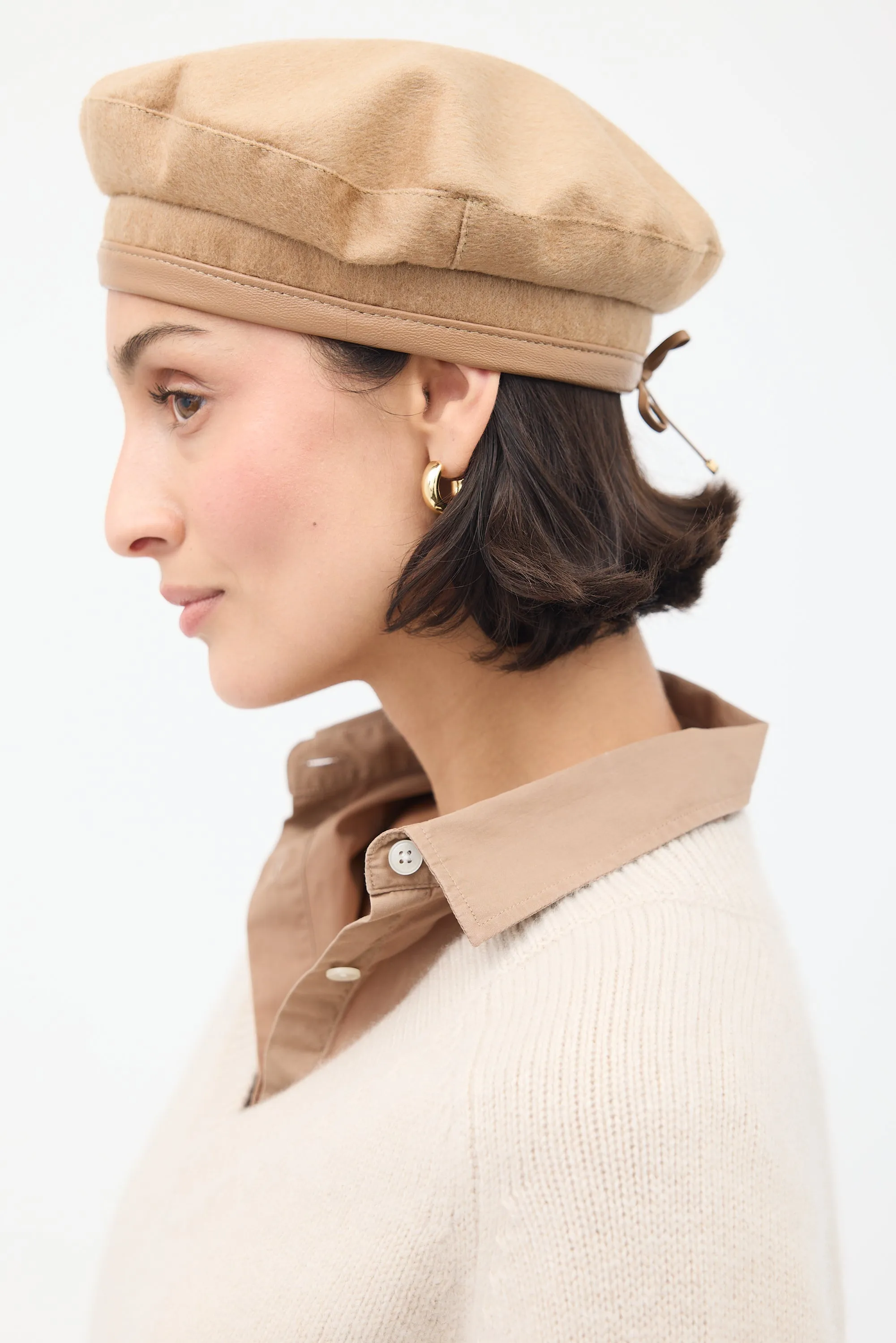Beige Wool & Leather Logo Beret
