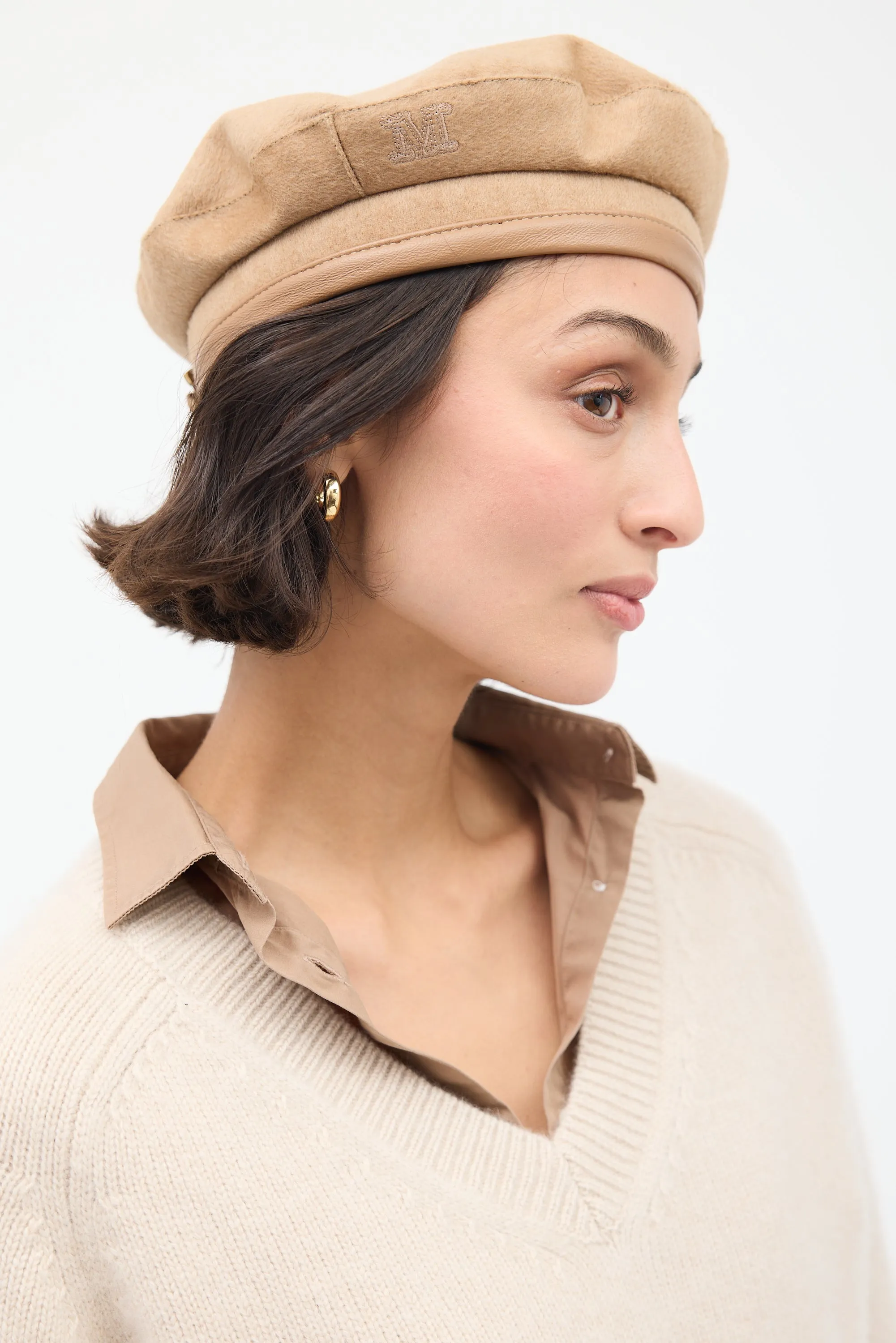 Beige Wool & Leather Logo Beret