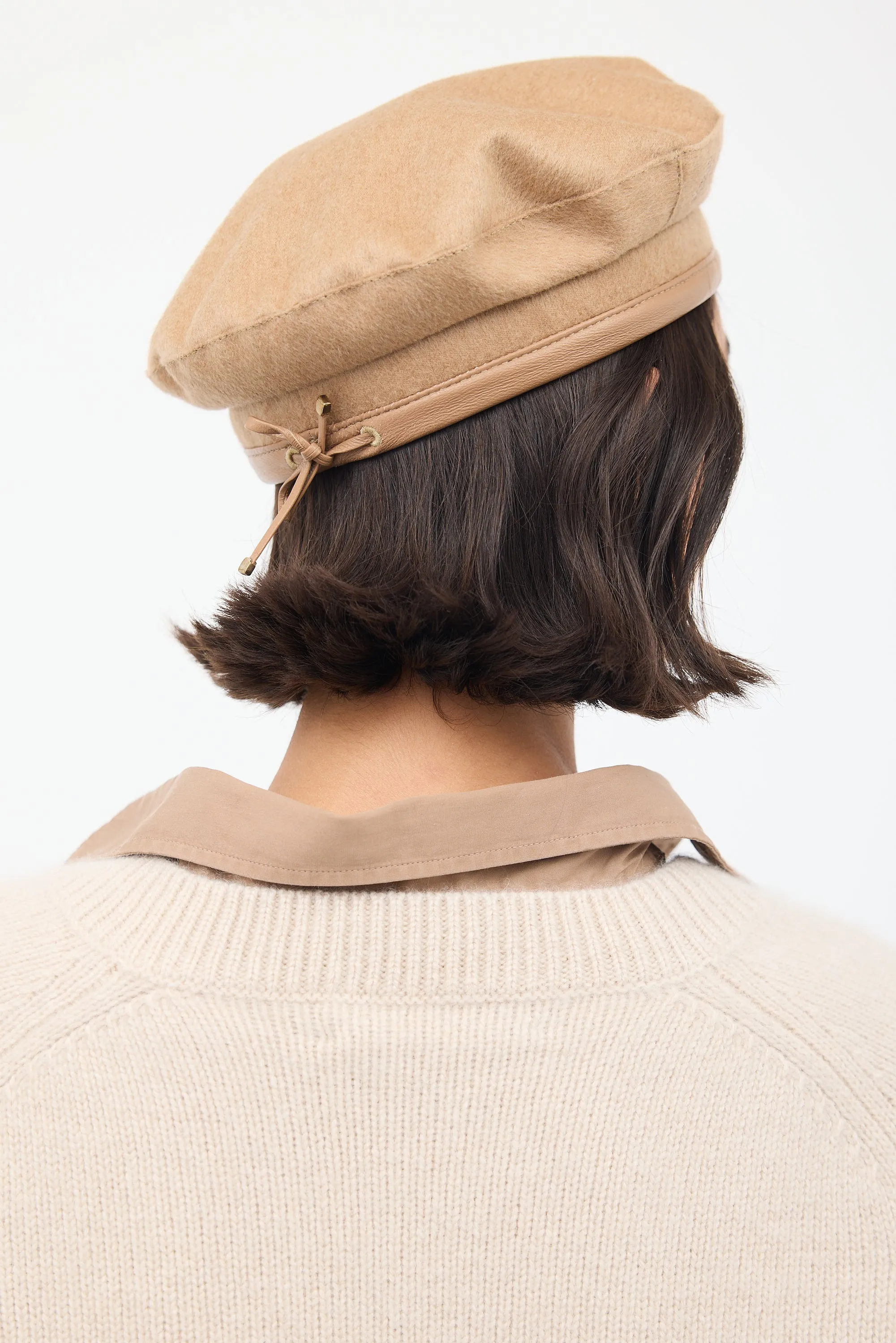 Beige Wool & Leather Logo Beret