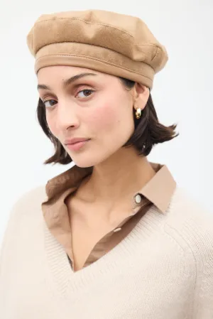 Beige Wool & Leather Logo Beret