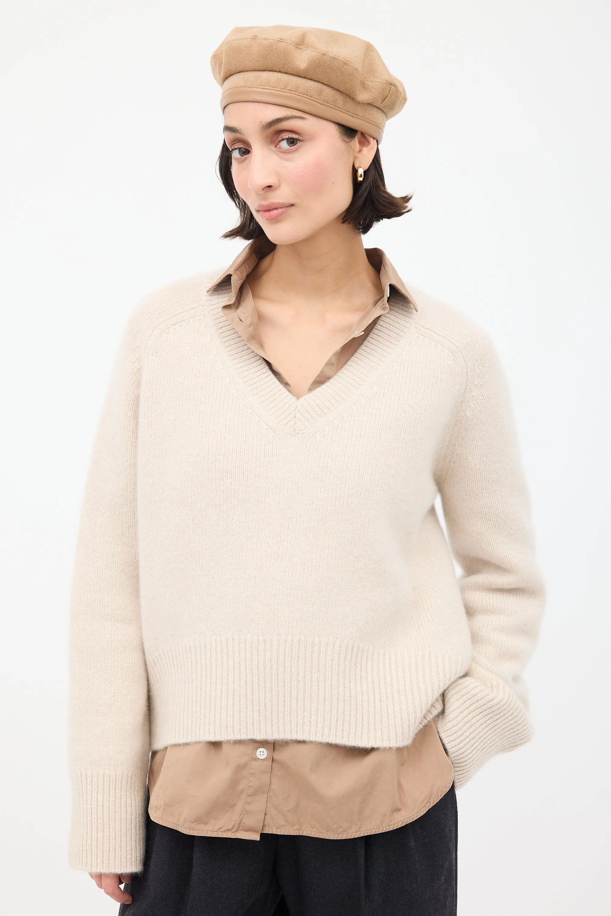 Beige Wool & Leather Logo Beret