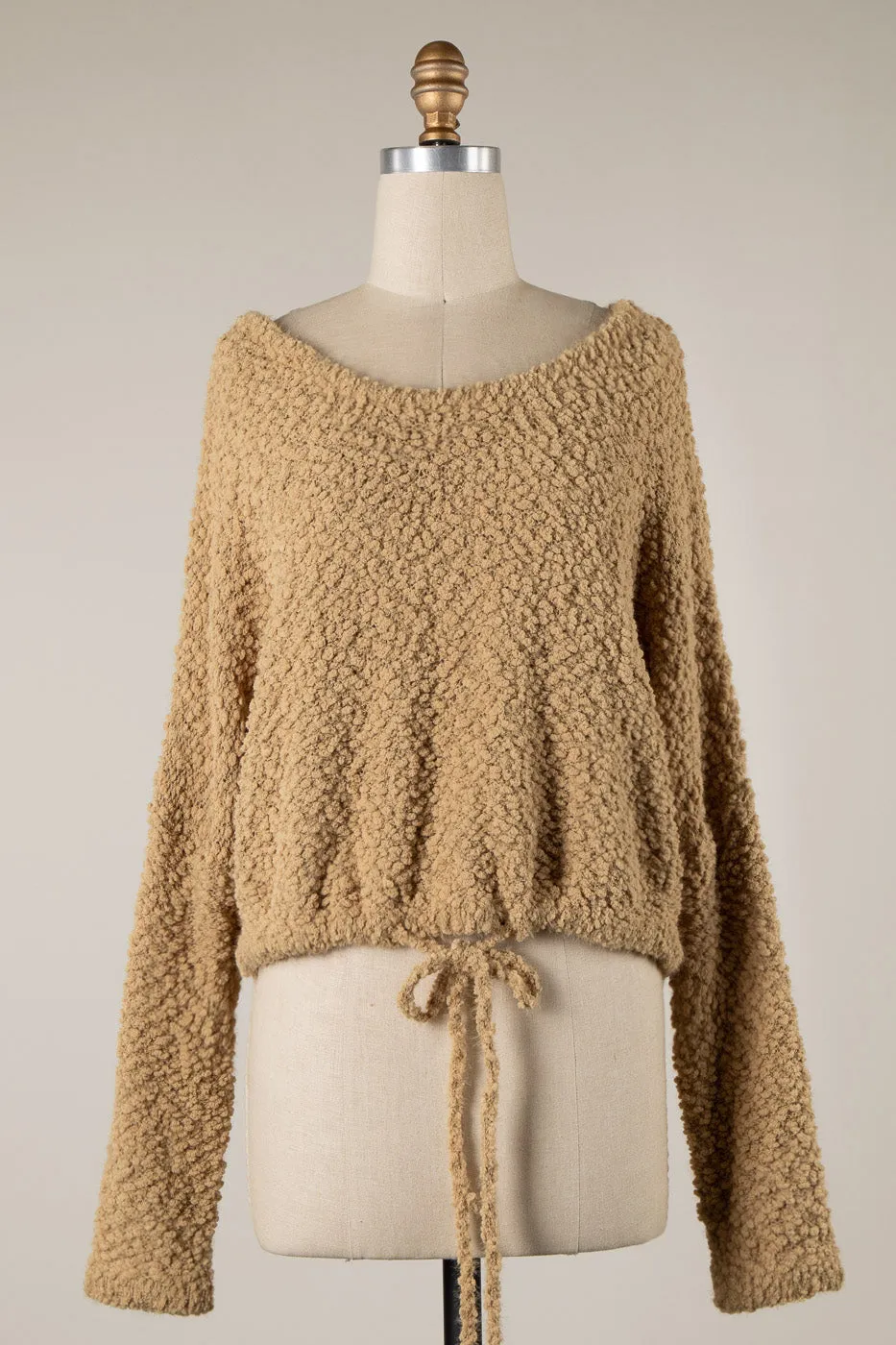 BOAT NECK WAIST DRAWSTRING POPCORN KNIT SWEATER 1 PACK
