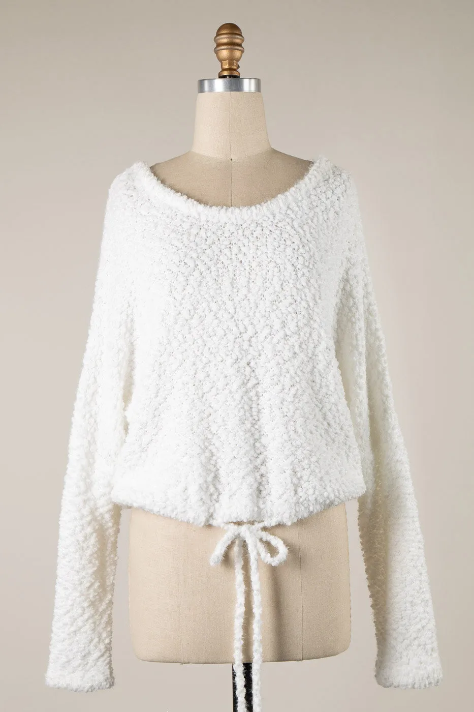 BOAT NECK WAIST DRAWSTRING POPCORN KNIT SWEATER 1 PACK