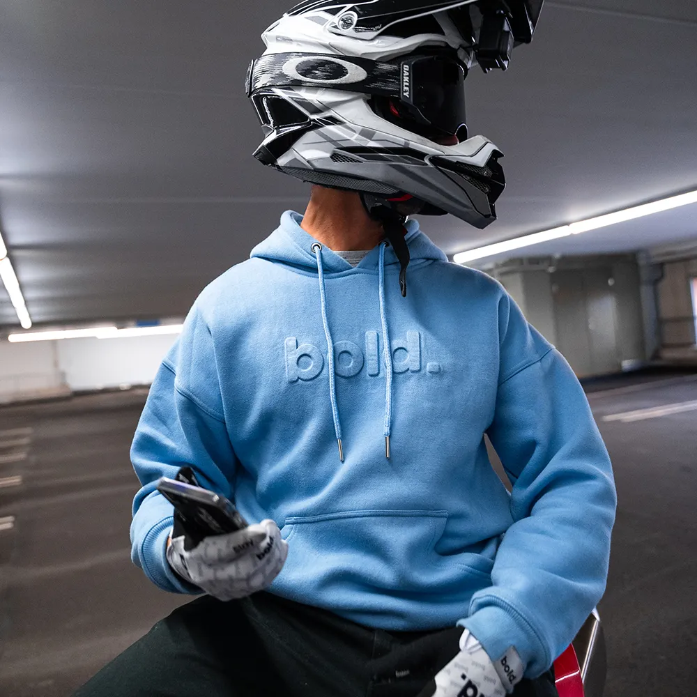 bold. Embossed Baby Blue Hoodie