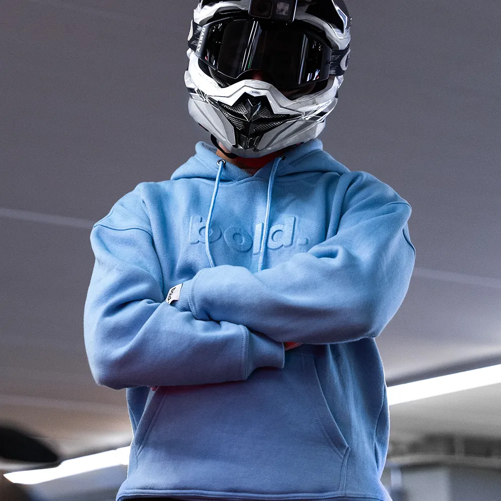 bold. Embossed Baby Blue Hoodie