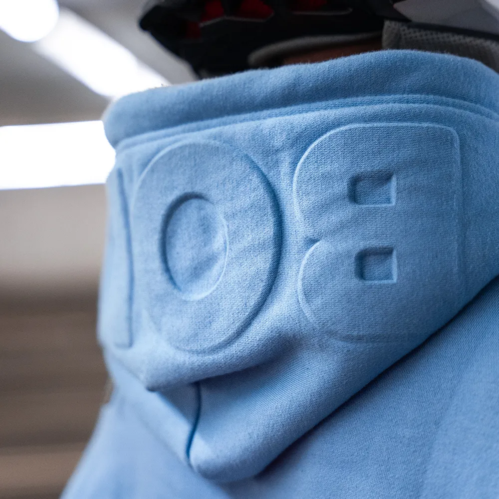 bold. Embossed Baby Blue Hoodie