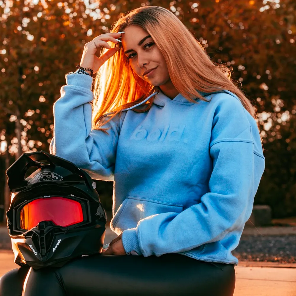 bold. Embossed Baby Blue Hoodie