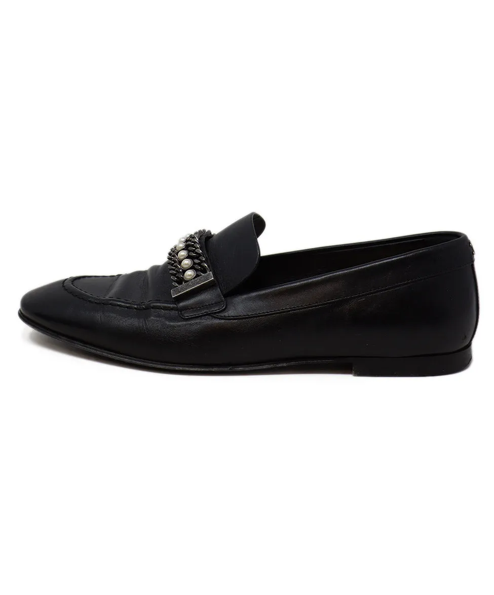 Chanel Black Leather Pearls Trim Loafers sz 8.5