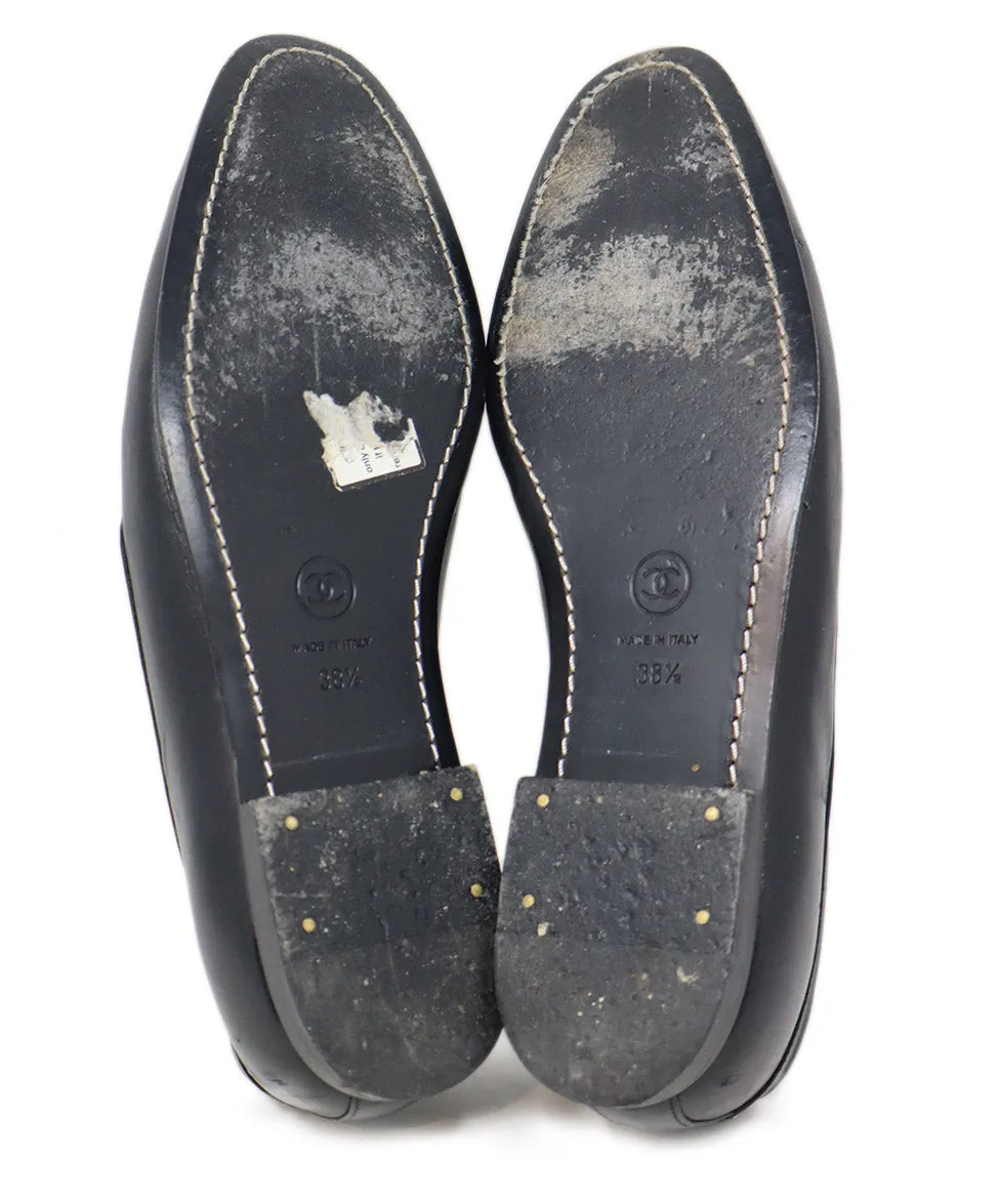 Chanel Black Leather Pearls Trim Loafers sz 8.5