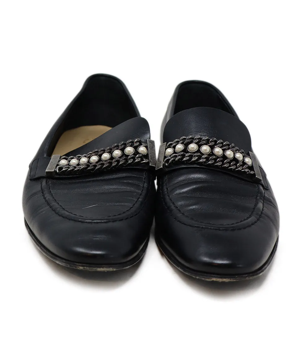 Chanel Black Leather Pearls Trim Loafers sz 8.5