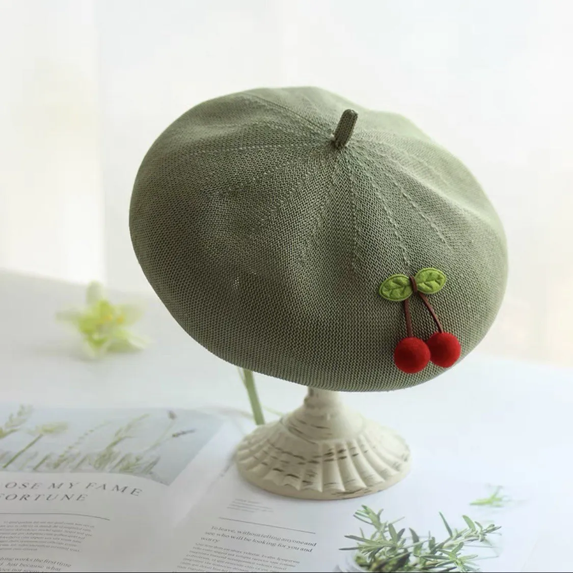 Cherry Beret Hat for Women and Girls