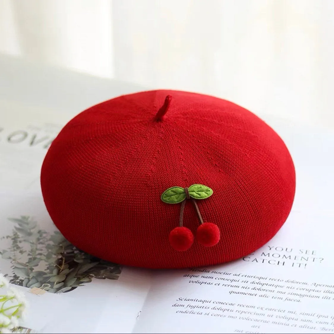 Cherry Beret Hat for Women and Girls