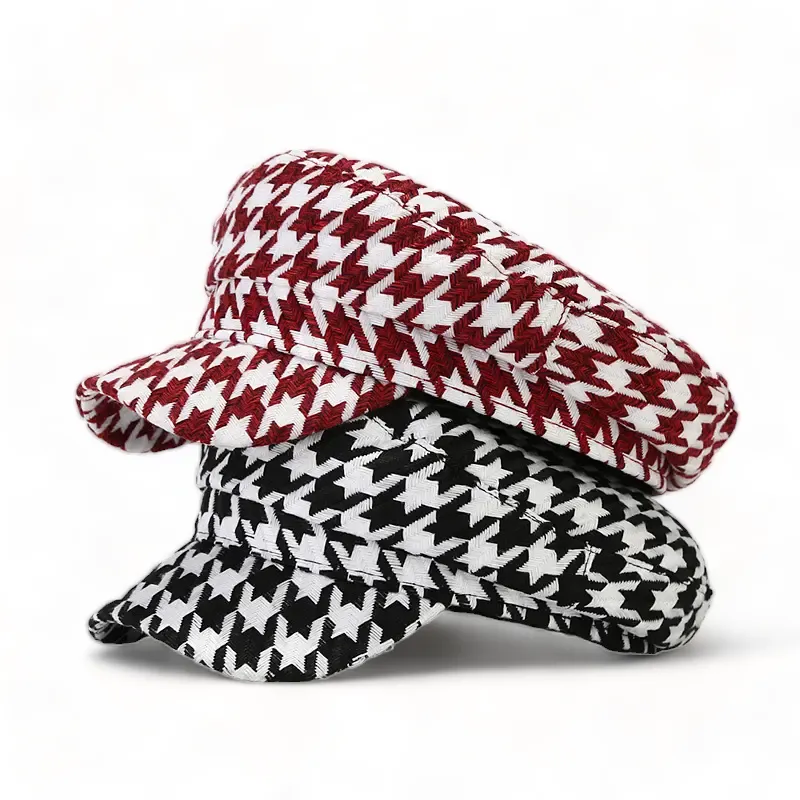 Chokore Retro Houndstooth Pattern Beret Cap (Red)