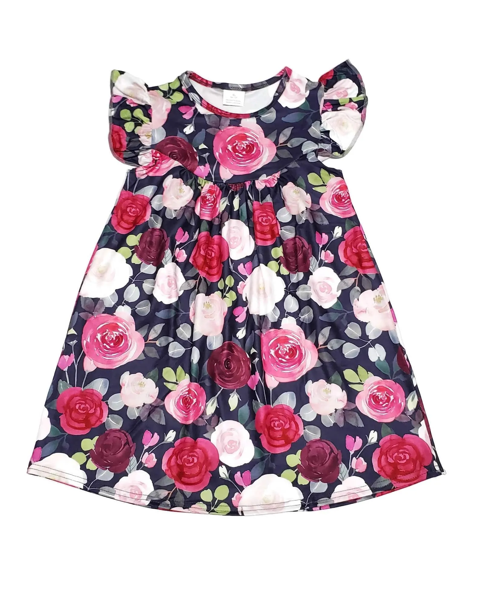 Dark Color Rose Floral Milk Silk Flutter Dress