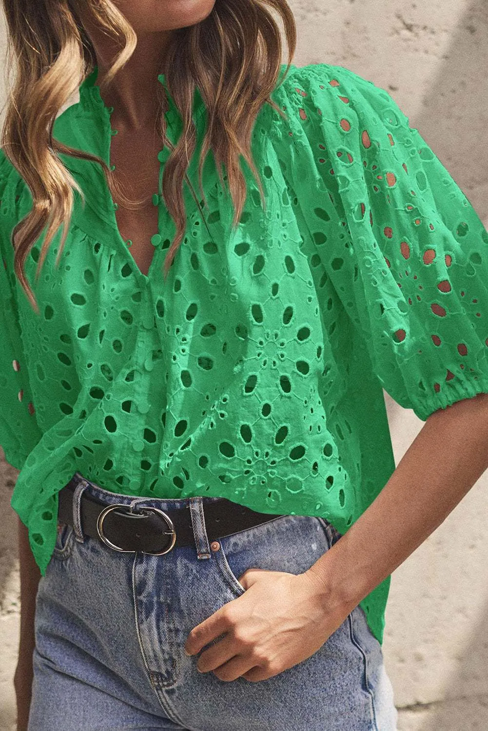 Green Flower Hollow-out Short Puff Sleeve Blouse