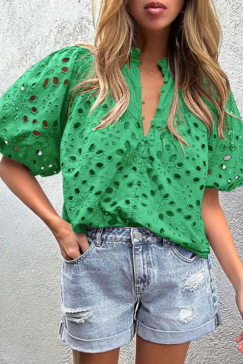 Green Flower Hollow-out Short Puff Sleeve Blouse