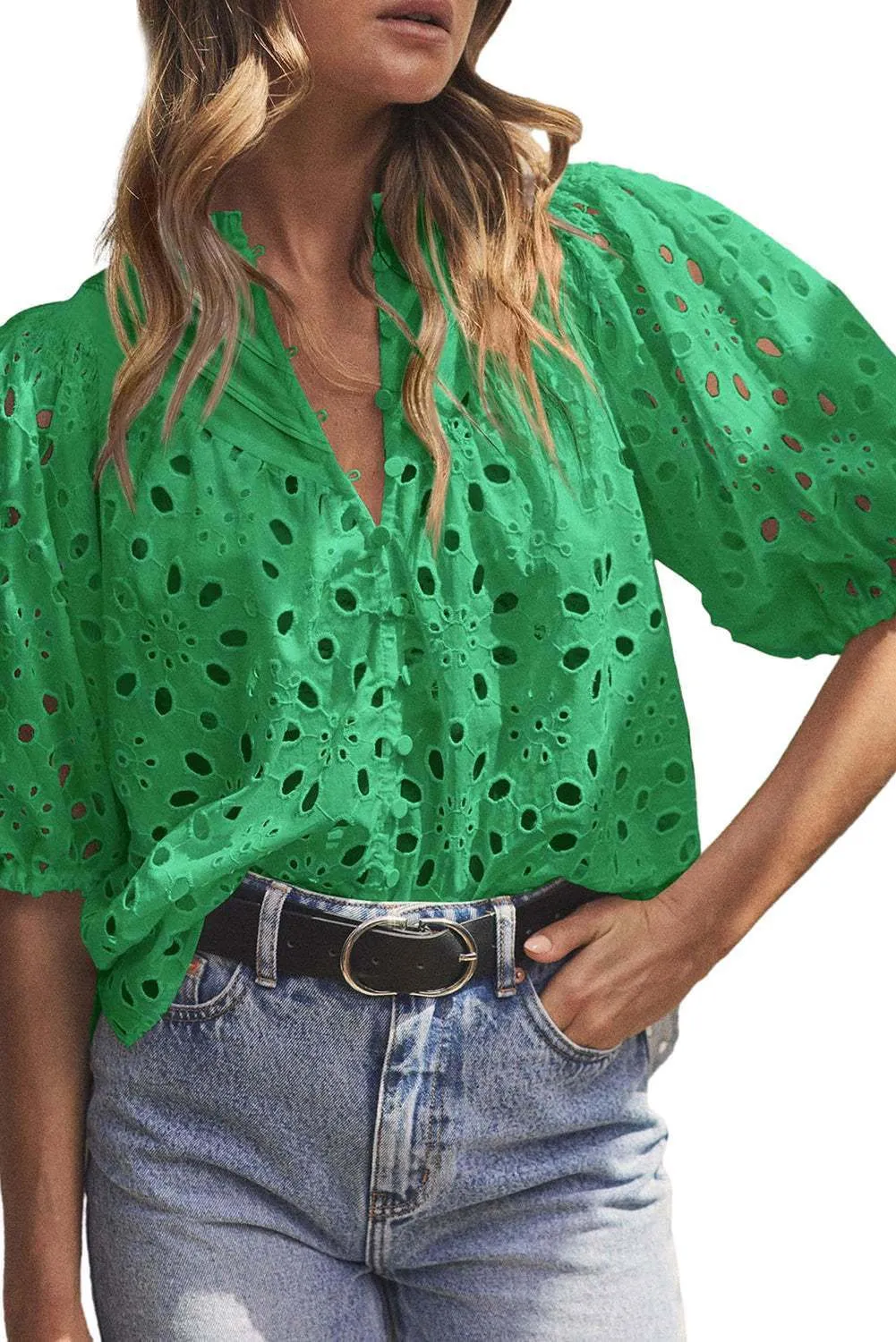 Green Flower Hollow-out Short Puff Sleeve Blouse