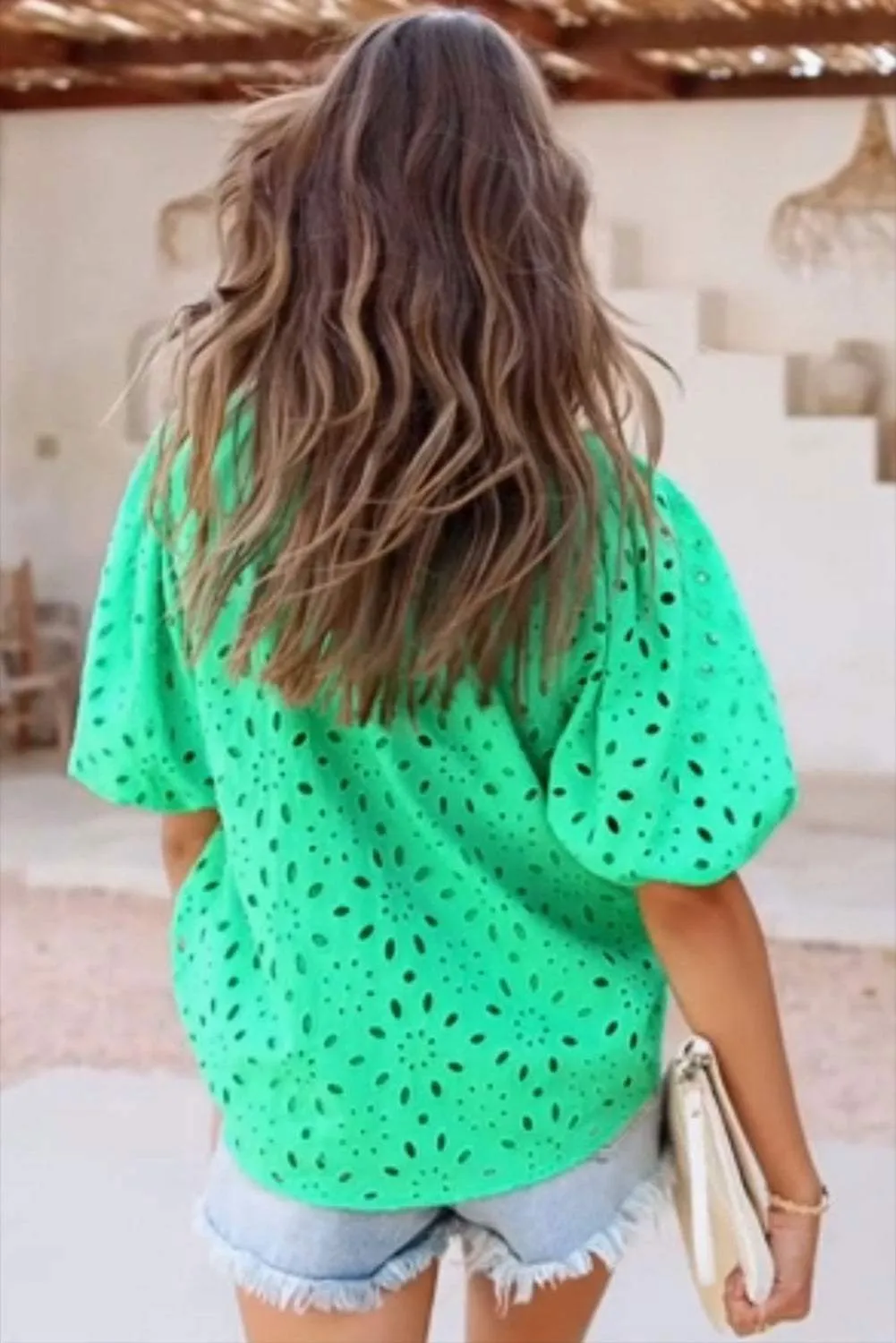 Green Flower Hollow-out Short Puff Sleeve Blouse