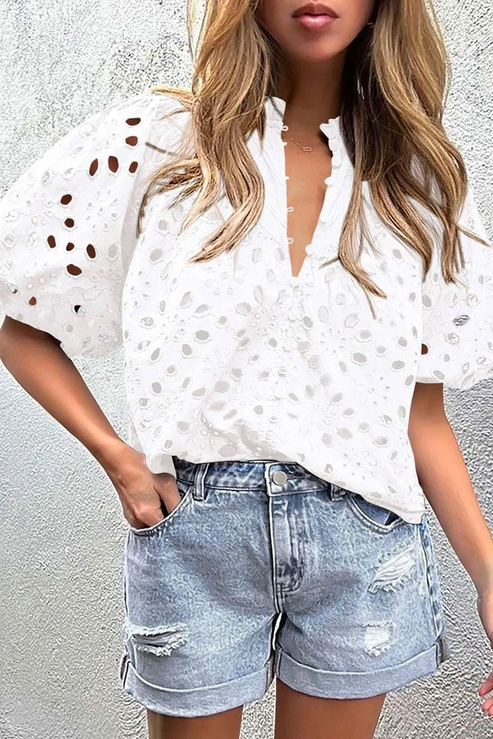 Green Flower Hollow-out Short Puff Sleeve Blouse