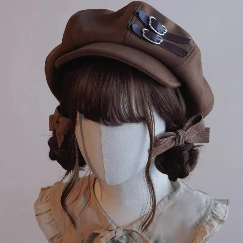 Japanese Beret Handmade Brown Coffee Leather Buckle Beret