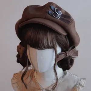 Japanese Beret Handmade Brown Coffee Leather Buckle Beret
