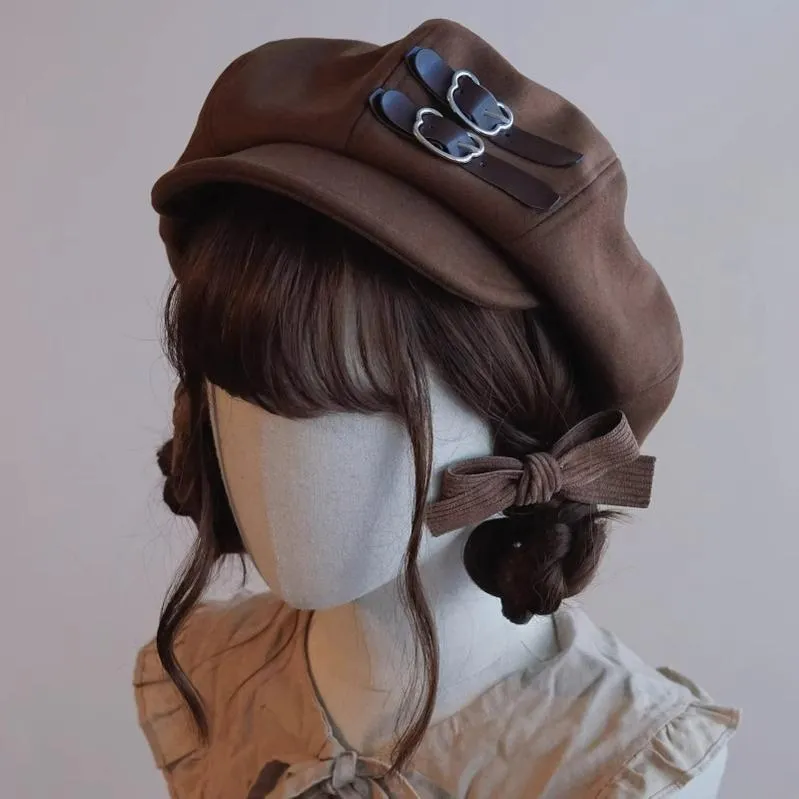 Japanese Beret Handmade Brown Coffee Leather Buckle Beret