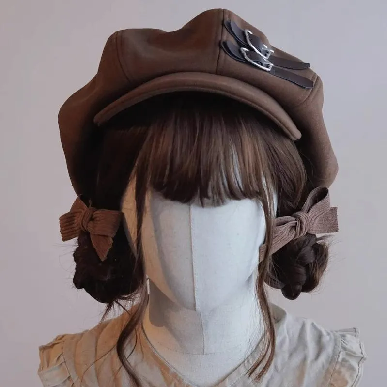 Japanese Beret Handmade Brown Coffee Leather Buckle Beret