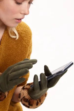 Louche Cadhla Faux Suede And Fur Cuffed Touch Screen Gloves - Green