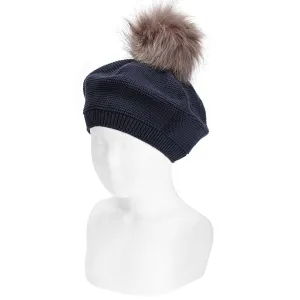 Navy Faux Fur Pom Pom Beret