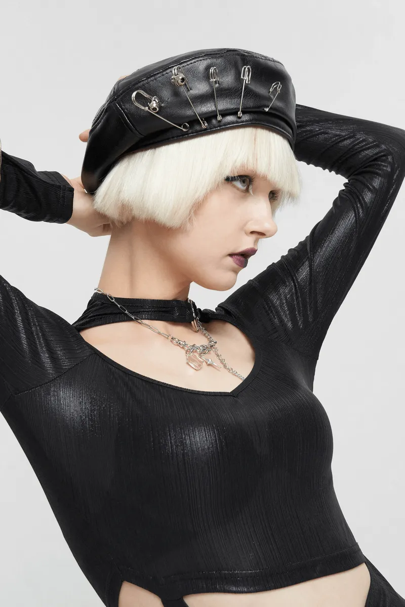 Stylish Faux Leather Beret Hat with Pins Decoration / Gothic Punk Round Hat for Women