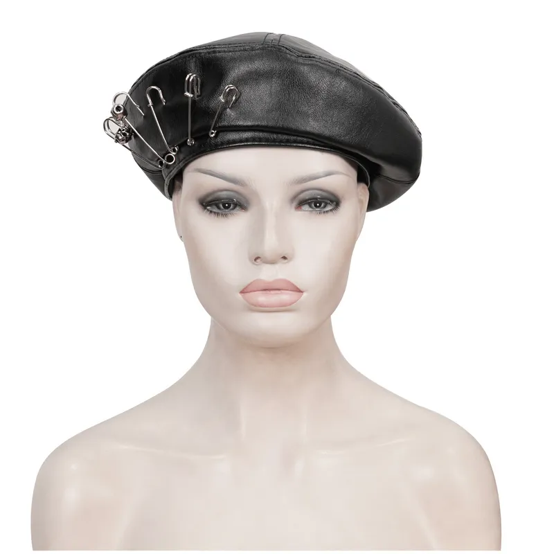 Stylish Faux Leather Beret Hat with Pins Decoration / Gothic Punk Round Hat for Women