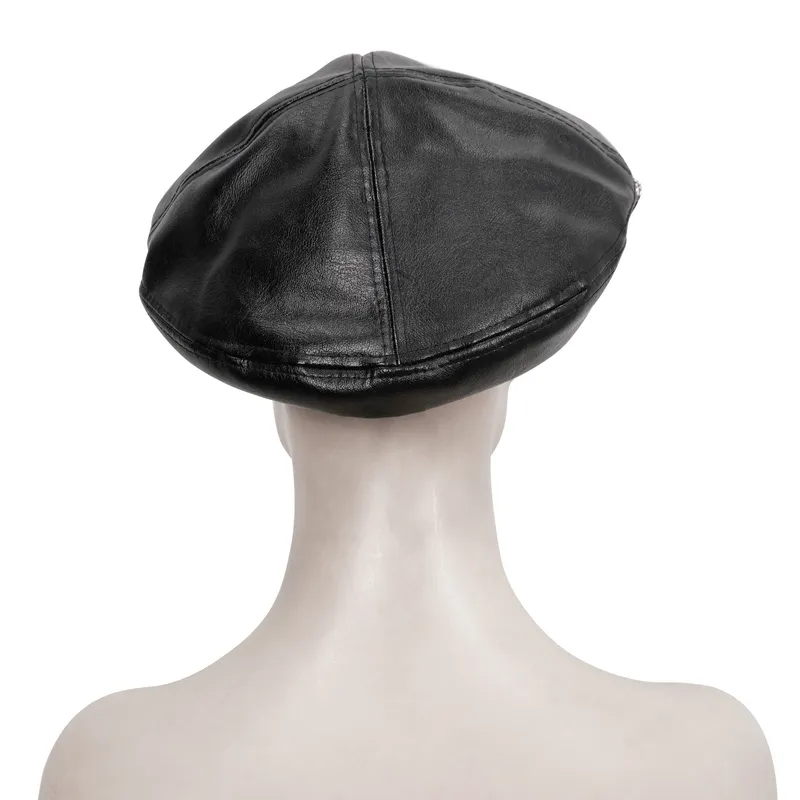 Stylish Faux Leather Beret Hat with Pins Decoration / Gothic Punk Round Hat for Women
