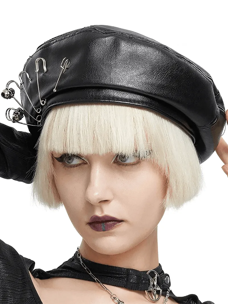 Stylish Faux Leather Beret Hat with Pins Decoration / Gothic Punk Round Hat for Women