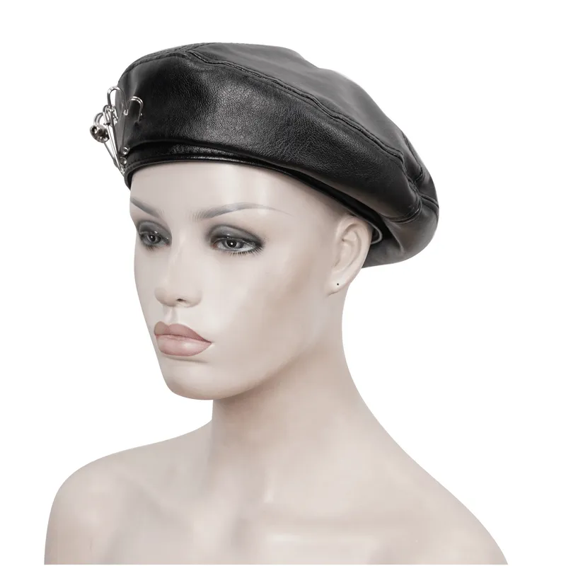 Stylish Faux Leather Beret Hat with Pins Decoration / Gothic Punk Round Hat for Women