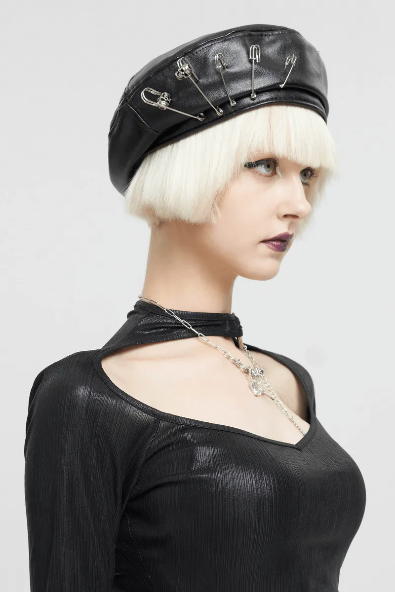 Stylish Faux Leather Beret Hat with Pins Decoration / Gothic Punk Round Hat for Women