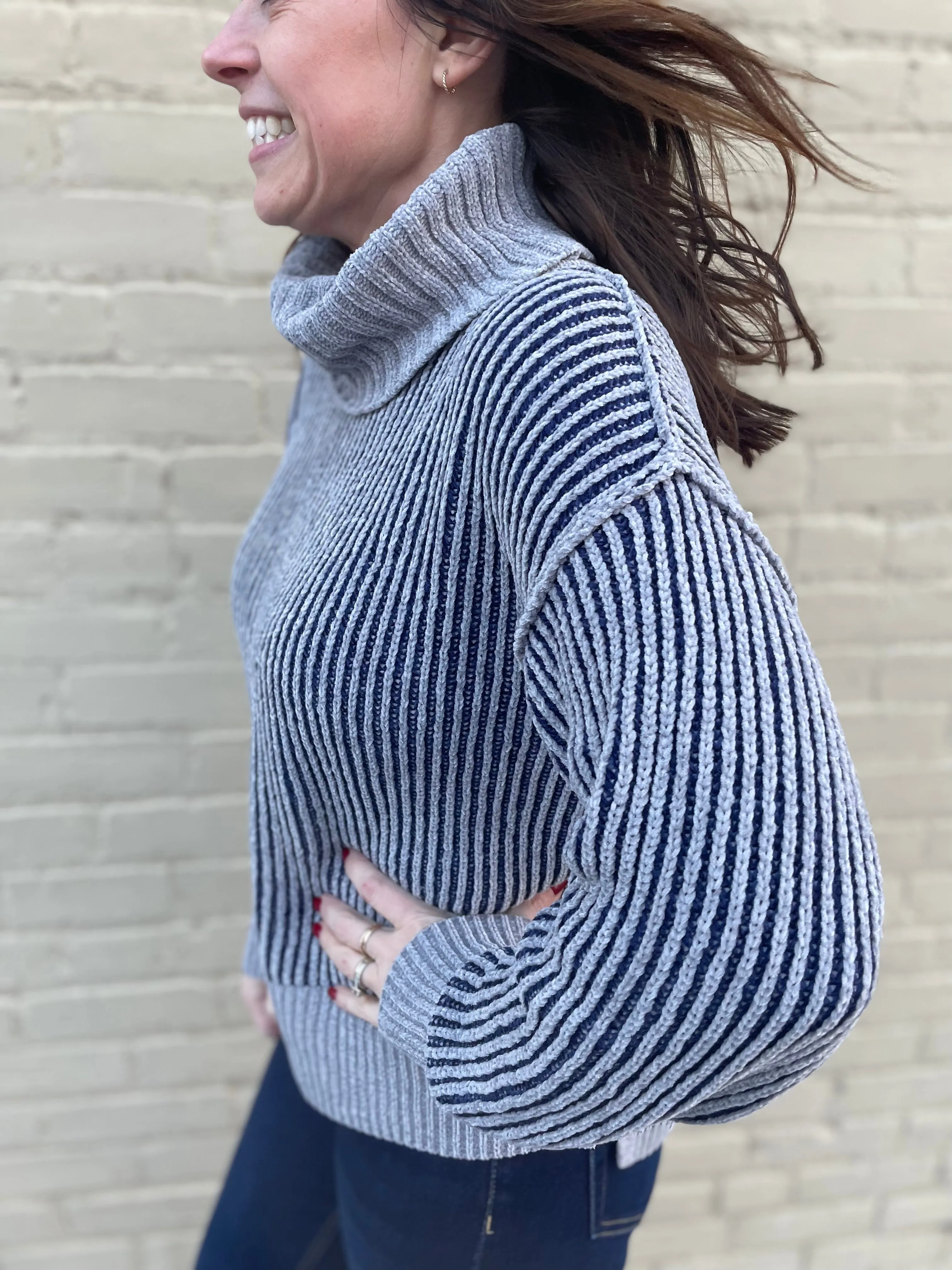Two-Tone Chenille Turtleneck Sweater