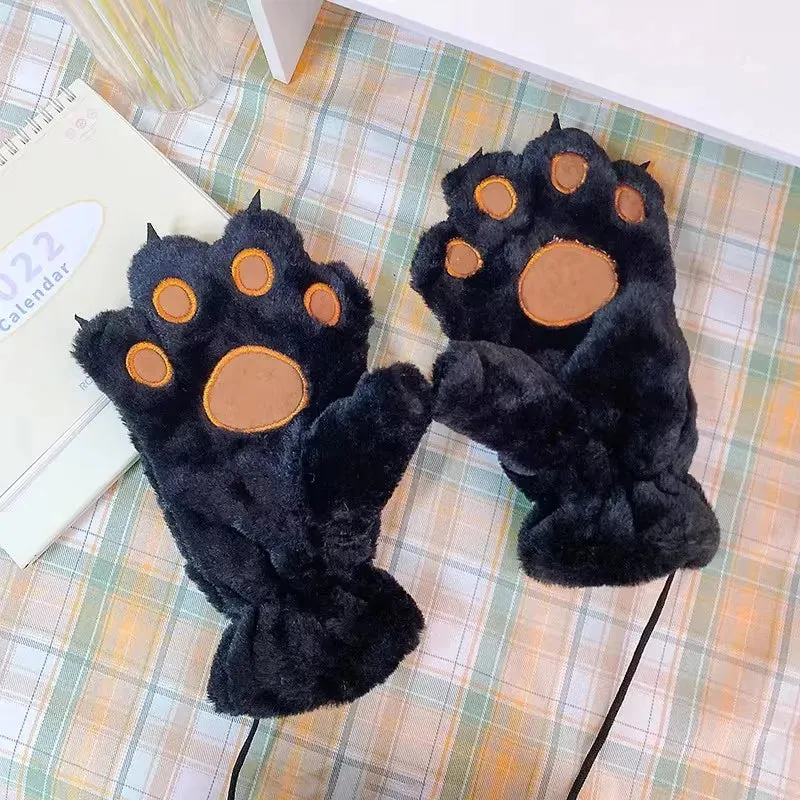 Women's Plush Bear Paw Gloves - Fluffy Warm Full-Finger Animal Mittens