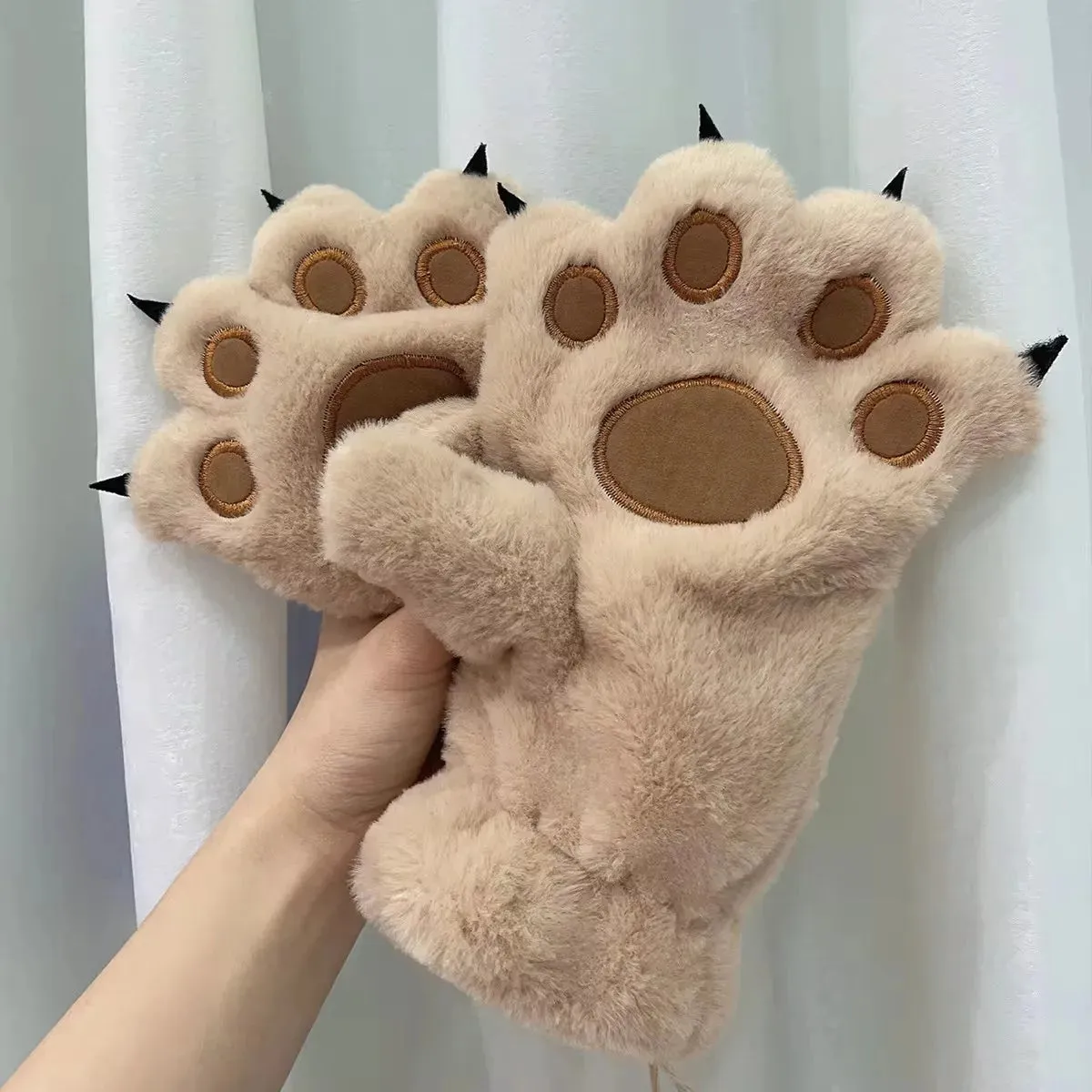 Women's Plush Bear Paw Gloves - Fluffy Warm Full-Finger Animal Mittens