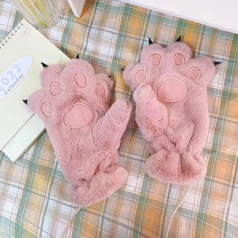 Women's Plush Bear Paw Gloves - Fluffy Warm Full-Finger Animal Mittens