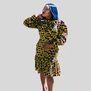 Yellow and Purple puff sleeve Ankara dress