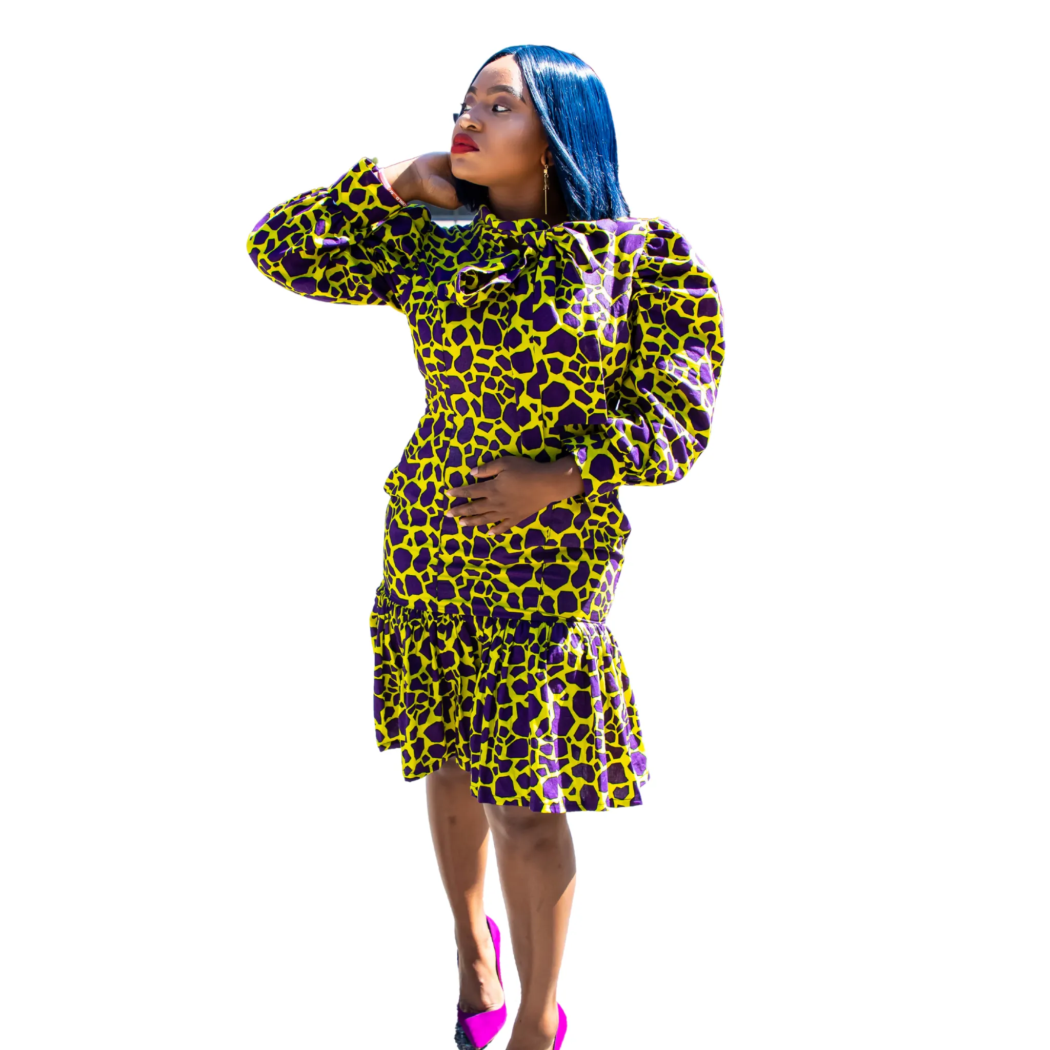 Yellow and Purple puff sleeve Ankara dress