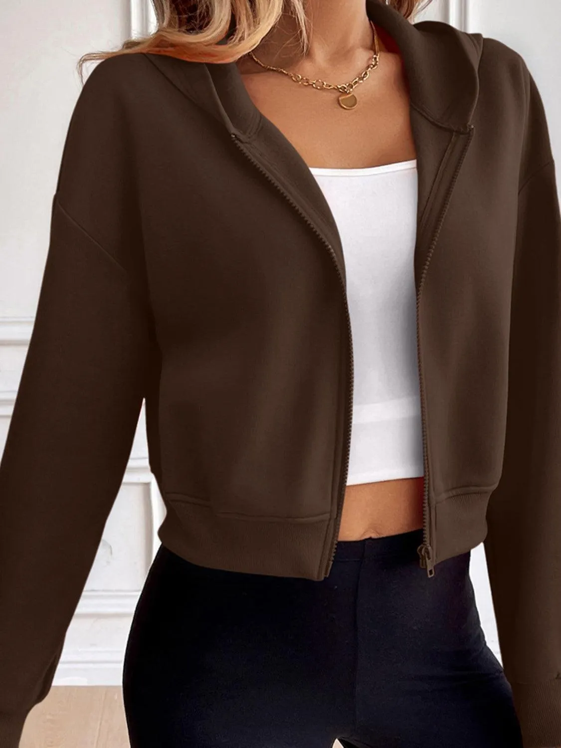 Zip Up Dropped Shoulder Hooded Sweatshirt
